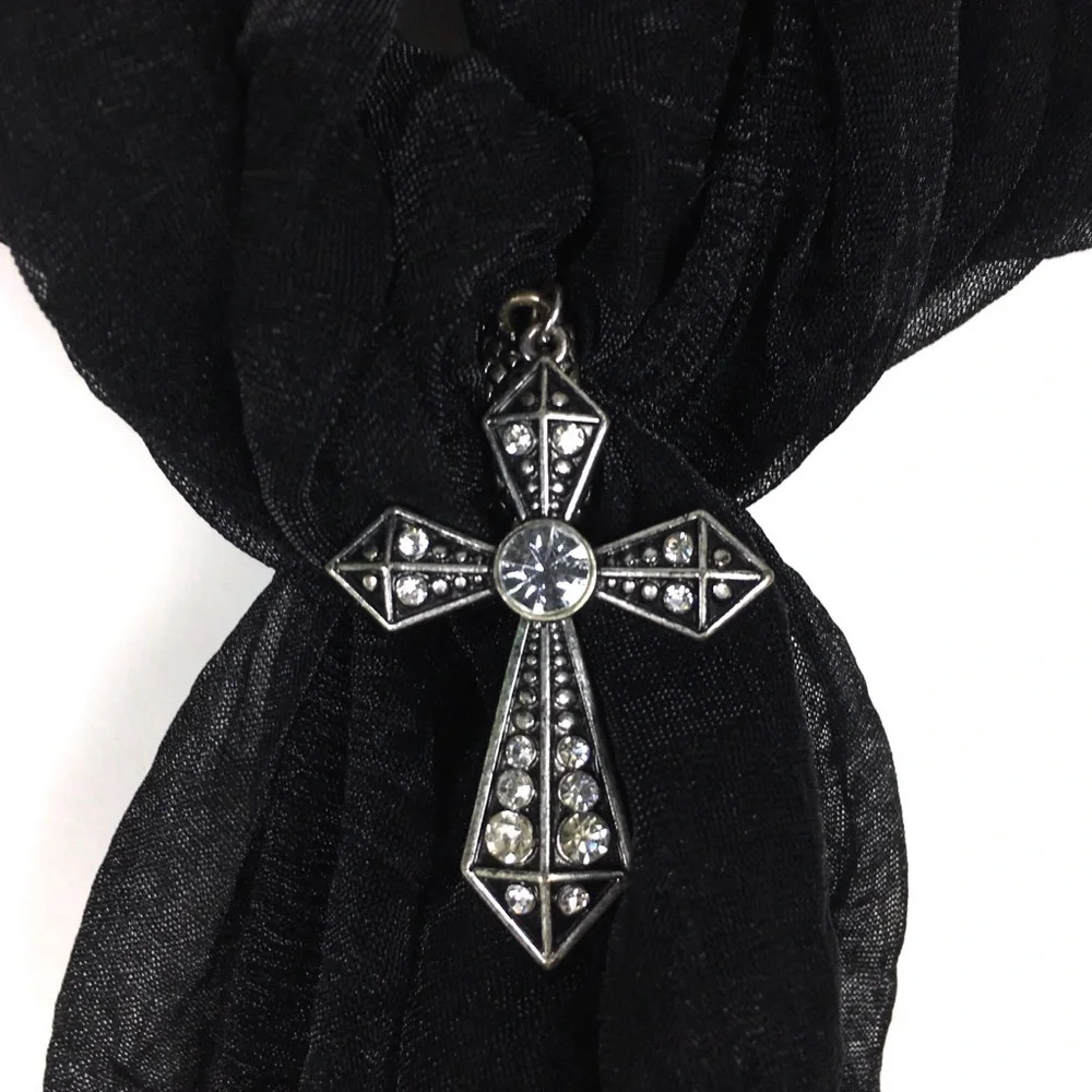 CATO Scarf Cross Slide Charm Metal Stretchy Gauzy Sheer Rhinestones Minimalist